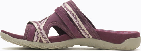 A purple sandal with crisscross straps.