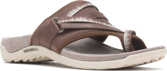 A brown sandal with a silver zigzag pattern on the straps.