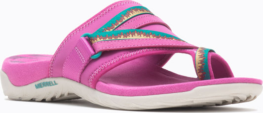 A pink toe ring sandal with decorative bands.
