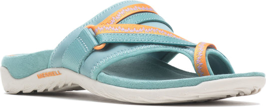 A blue sandal with orange accents.
