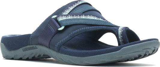 A navy blue sandal with toe strap.