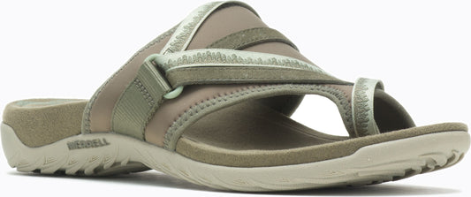 A sandal with a wide strap and toe loop.