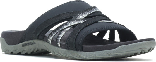 A woman's dark slide-on sandal with crossing straps.