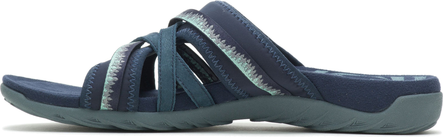 A blue sandal with crisscrossing straps.