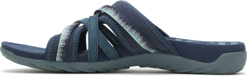 A blue sandal with crisscrossing straps.