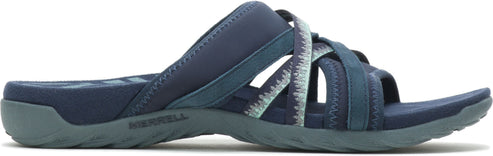 A dark blue slip-on sandal with interweaving straps and a rubber sole.