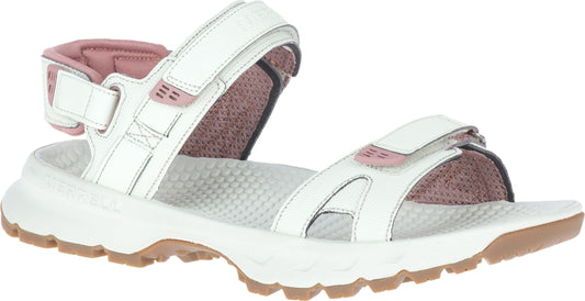 White sandal with pink lining, a white platform, and brown tread.