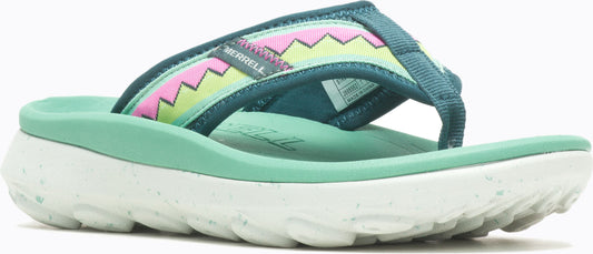 A teal flip-flop with a zig-zag patterned strap.
