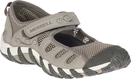 Mary Jane style shoe in gray and dark gray with a mesh upper, a hook-and-loop strap with swirls and the word "MERRELL" on it, and a white and gray striped sole.