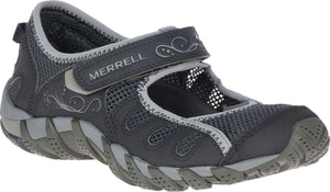 A gray Mary Jane style water shoe with a hook-and-loop strap and mesh upper.