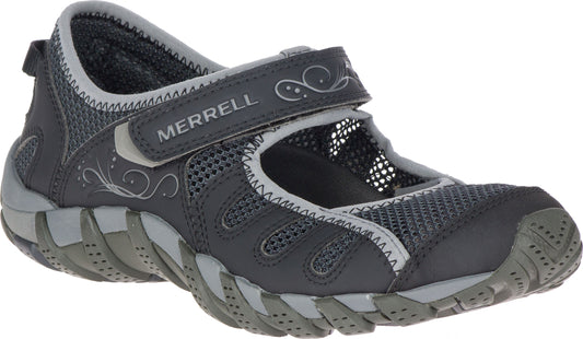 A gray Mary Jane style water shoe with a hook-and-loop strap and mesh upper.