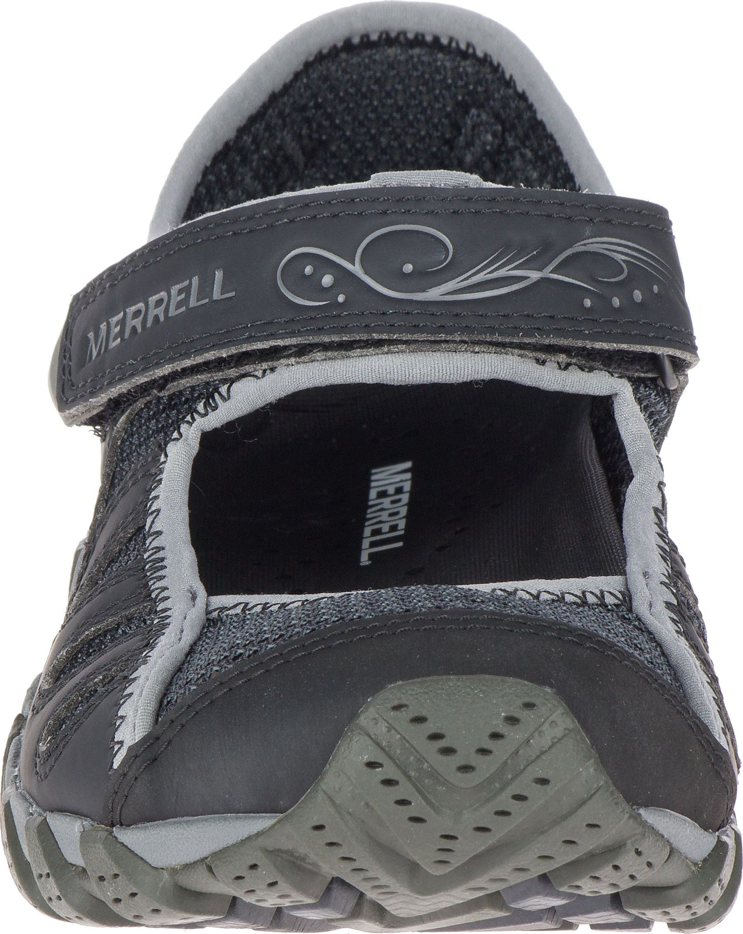 Close-up of a gray sandal with an ankle strap.