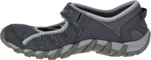 A dark gray Mary Jane style shoe with a velcro strap, a gray insole, and a rugged outsole.