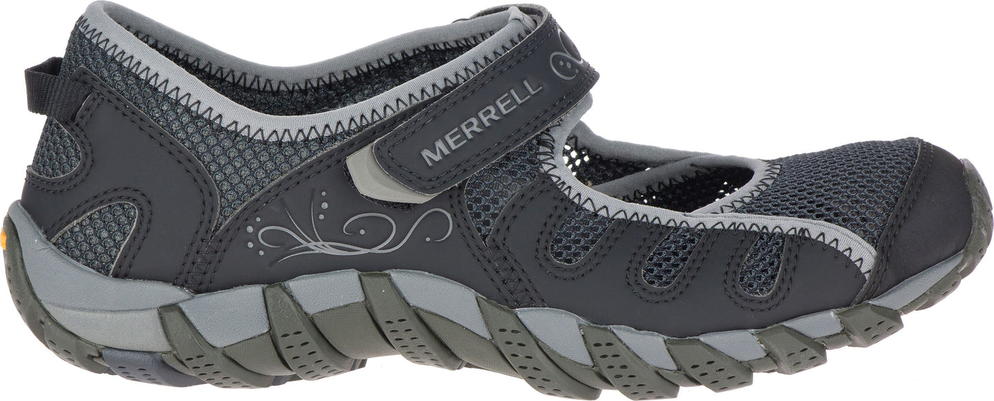 A gray shoe with a strap that says, "MERRELL".