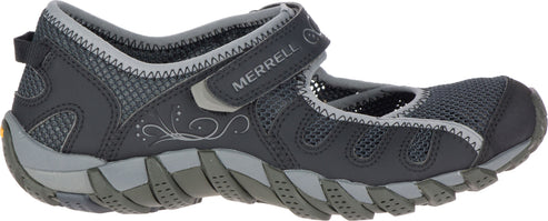 A gray shoe with a strap that says, "MERRELL".