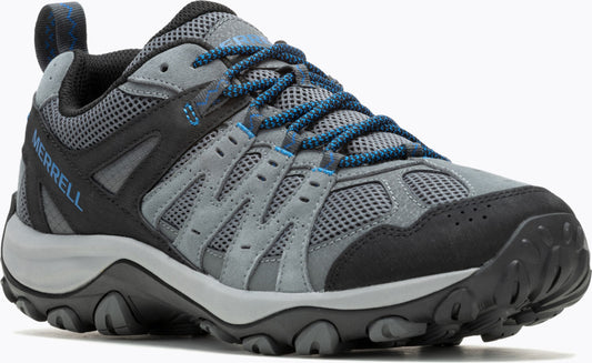 Gray and black low-top hiking shoe with blue laces.