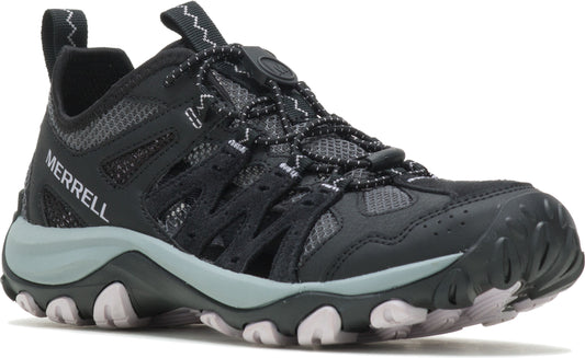 Black trail running shoe with bungee laces and grey sole.