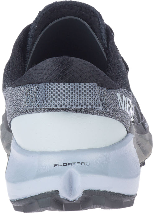 Back view of black and grey running shoe, FLOATPRO on heel.