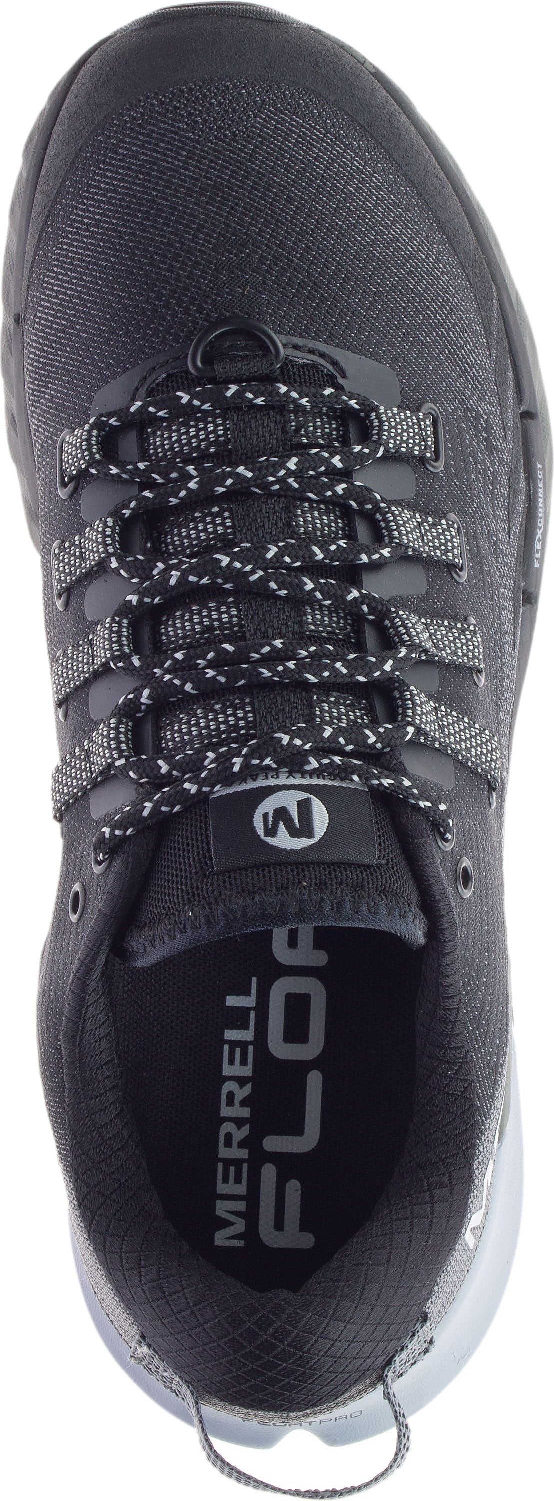 top-down view of a black shoe with black and white laces and the words "MERRELL FLOAT" on the insole