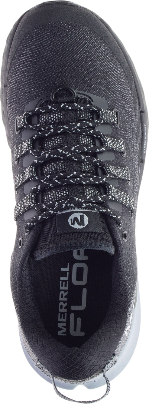 top-down view of a black shoe with black and white laces and the words "MERRELL FLOAT" on the insole