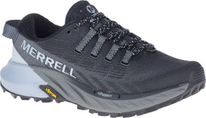A gray and black running shoe with gray laces and the word MERRELL in white lettering.