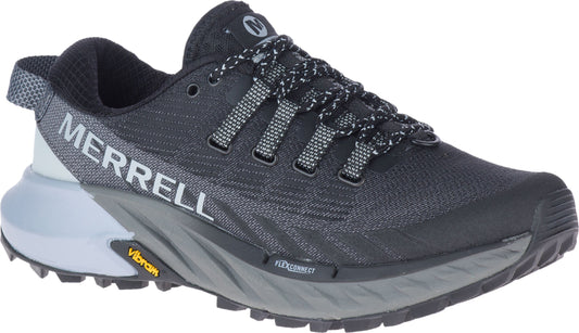 A gray and black running shoe with gray laces and the word MERRELL in white lettering.