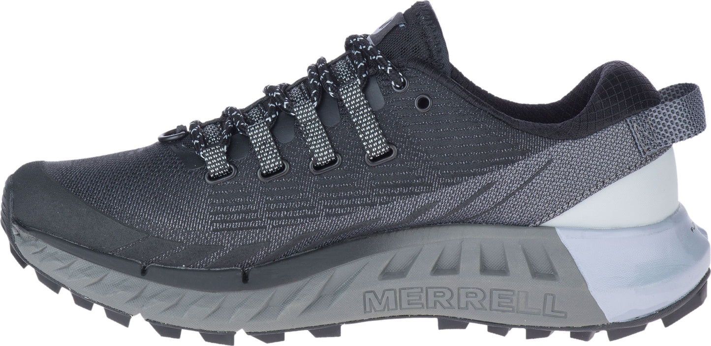 A running shoe with gray laces, a gray sole, and the text MERRELL on the side.