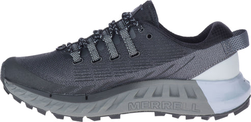 A running shoe with gray laces, a gray sole, and the text MERRELL on the side.
