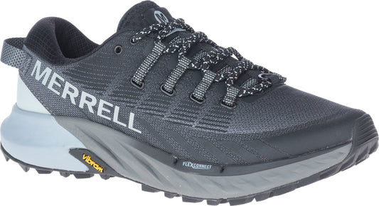 Black athletic shoe with the word "MERRELL" on the side and black and white patterned laces.