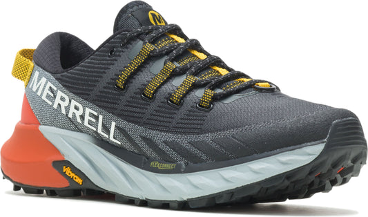 Black trail running shoe with orange and yellow accents, featuring the word "MERRELL" on the side and a distinctive Vibram sole.