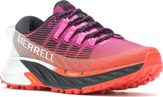 Eye-level view of a pink and orange trail running shoe with black laces and a white heel.