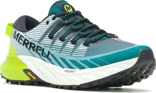 A running shoe with a white sole, green and white upper, black laces, and the word "MERRELL" printed on the side.