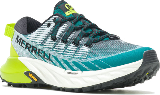 Teal and grey athletic shoe with lime green accents and a white midsole. The word "MERRELL" is visible on the side.