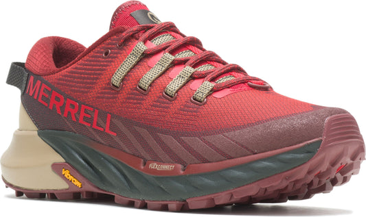 Red trail running shoe with tan laces and black heel pull tab.