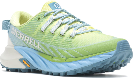 A light green and blue running shoe with the word MERRELL printed near the heel.
