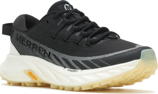 Black athletic shoe with white sole and heel. The word "MERRELL" is on the side.
