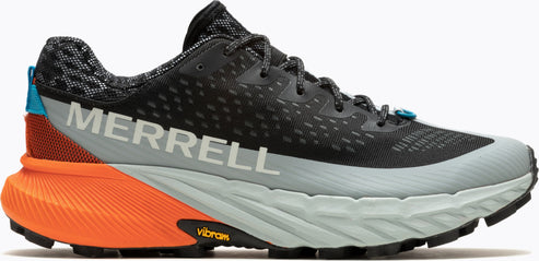 A running shoe featuring a black upper, a gray midsole, and an orange heel.