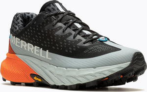 Running shoe with a gray and black upper, orange heel, black laces, and "MERRELL" text on the side.