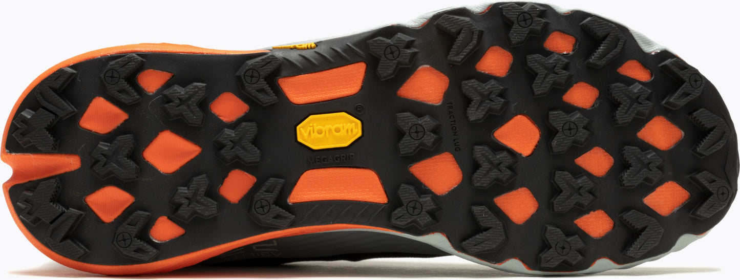 A shoe sole with black rubber treads and orange accents.
