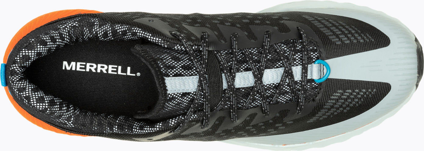 Top-down view of a black running shoe with orange heel and light gray toecap, featuring the "MERRELL" logo visible inside the shoe.