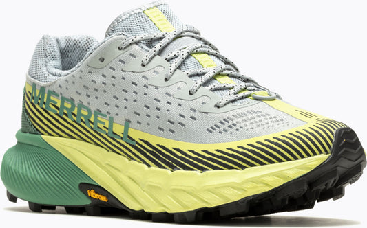 Light gray running shoe with yellow and black stripes, with "MERRELL" on the side.