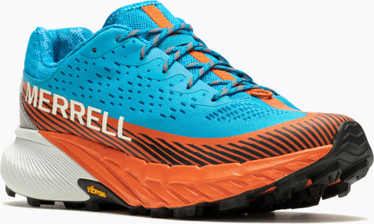 Blue running shoe with orange accents and a white midsole featuring the text MERRELL in white.