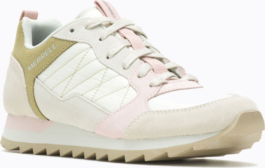 A low profile off-white sneaker with white laces and a pale pink stripe near the sole. The back has a light olive green heel.
