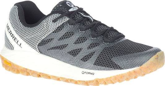 Trail running shoe with a black and gray honeycomb mesh upper, black laces, white heel with the word "MERRELL" on it, a thick white midsole with "QFORM2" on it, and a yellow-brown textured outsole.