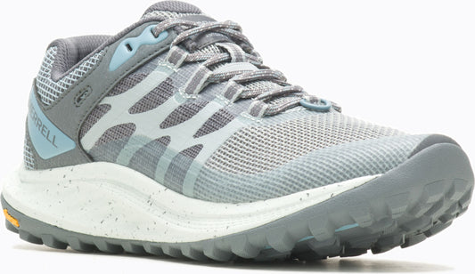 Gray athletic shoe with mesh upper and light blue accents.