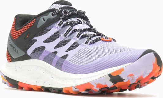 Lavender trail running shoe with a white speckled midsole and a colorful camo outsole.