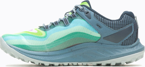 Running shoe with a blue, green, and white wavy patterned upper and blue midsole.