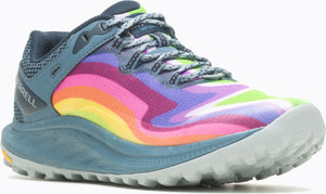 Close-up of a running shoe with a rainbow striped upper, gray laces, a blue heel and a gray sole.