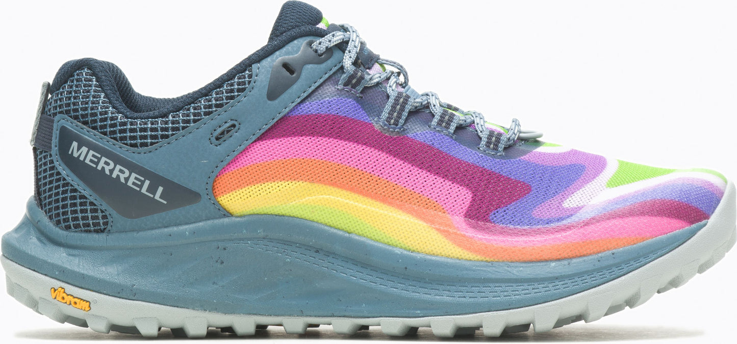 A running shoe with a rainbow-colored design.