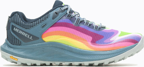 A running shoe with a rainbow-colored design.
